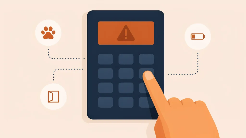 Illustration of a hand pressing a home alarm keypad with a warning icon, and smaller icons for pet, door, and battery showing the other causes of false alarms