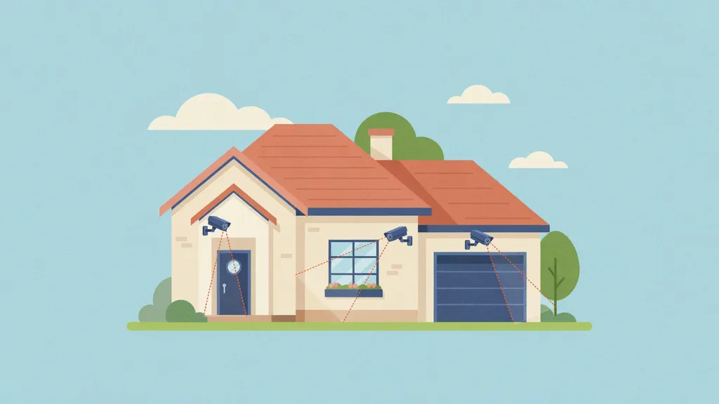 Illustration of a house with security cameras mounted at the front door, window, and garage, each showing a field-of-view cone