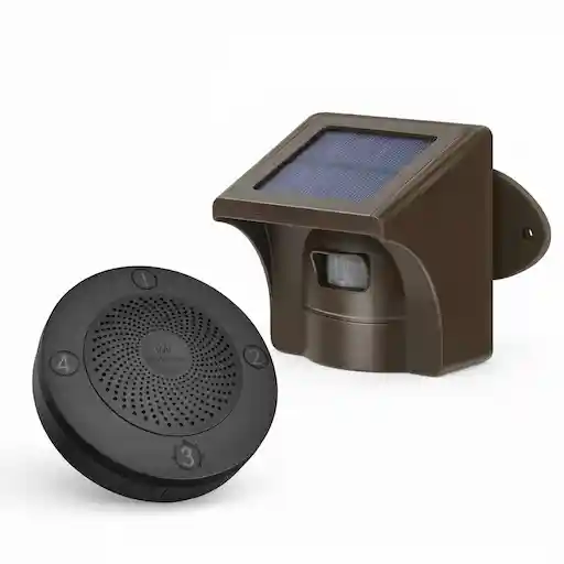 eMACROS Non-APP wireless driveway alarm, solar motion sensor and plug-in receiver - real manufacturer product photo