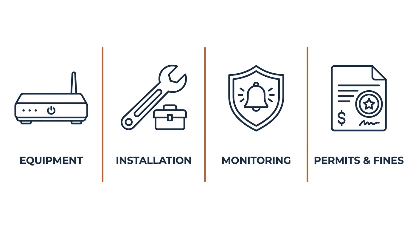 Home security system cost breakdown infographic: equipment, installation, monitoring, and permits and fines
