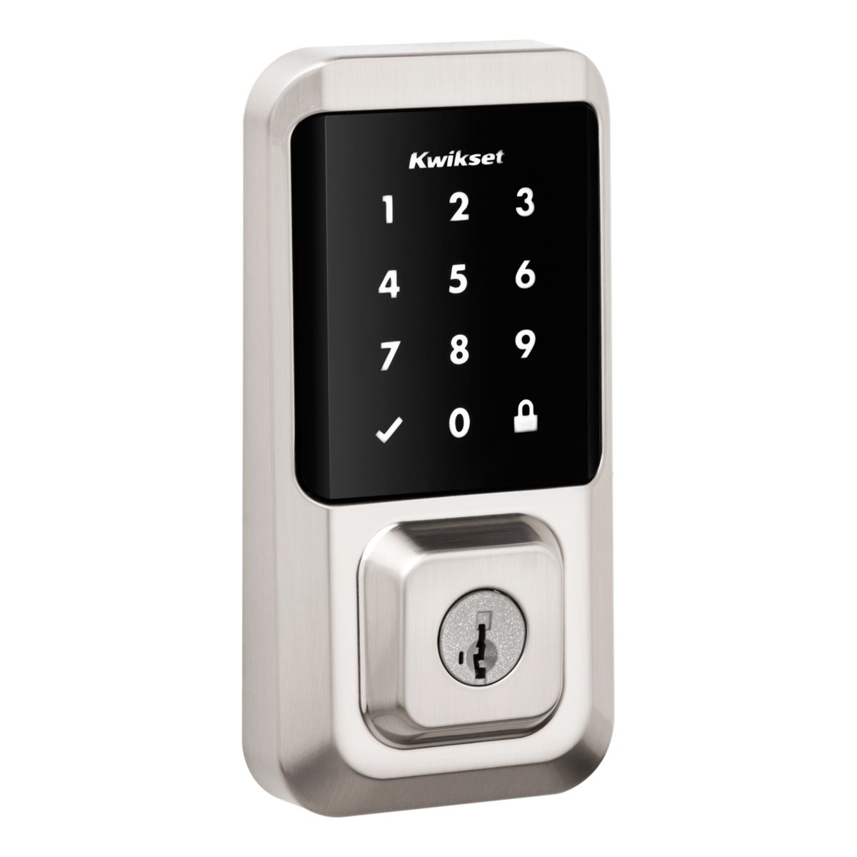 Kwikset Halo Wi-Fi touchscreen smart lock in satin nickel, real manufacturer product photo