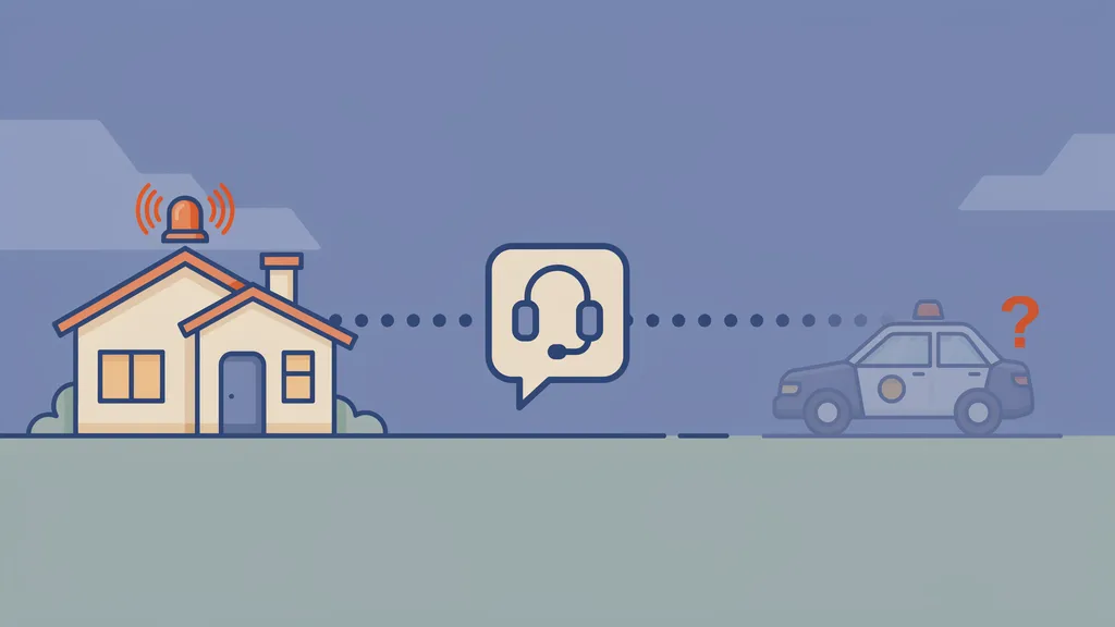 Illustration of a house alarm triggering a monitoring center, with a dotted line continuing to a faded police car with a question mark, showing uncertain police response