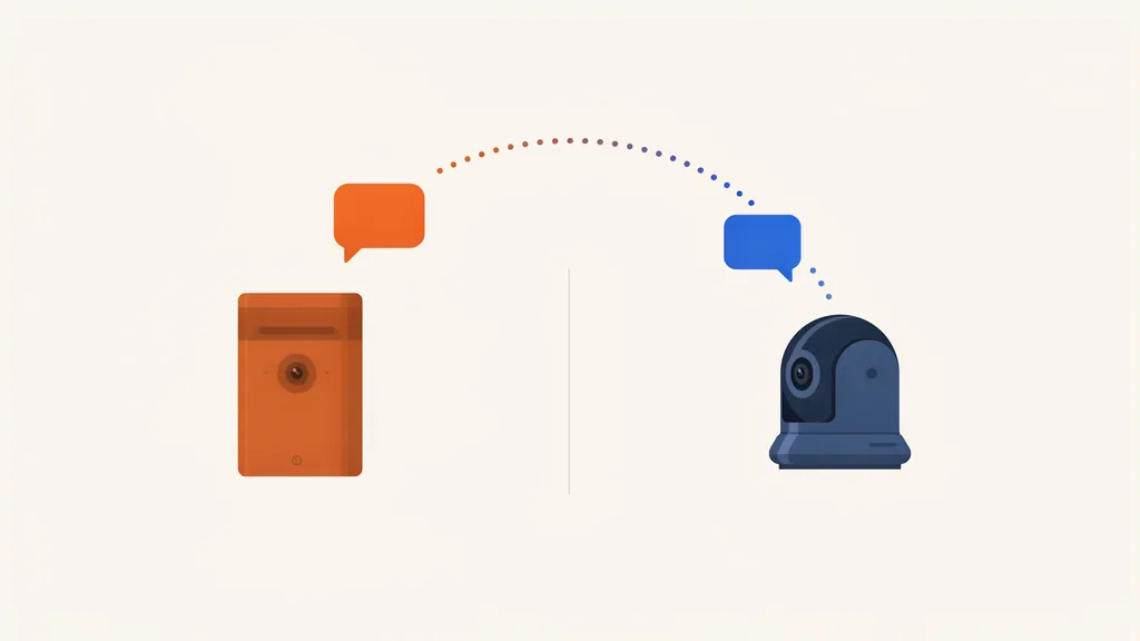 Illustration of a Ring device and a Google Nest camera connected by a dotted line with speech bubbles, representing voice-assistant ecosystem integration between the two brands