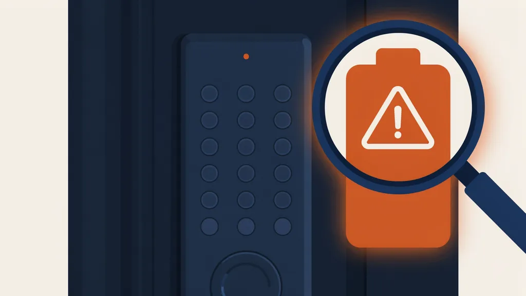Illustration of a smart lock keypad with a magnifying glass inspecting a glowing low-battery warning icon