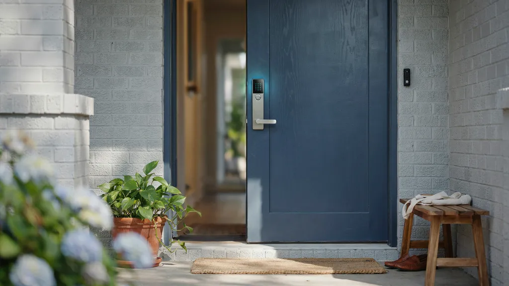 Photo-style illustration of a front door with a smart lock and digital keypad