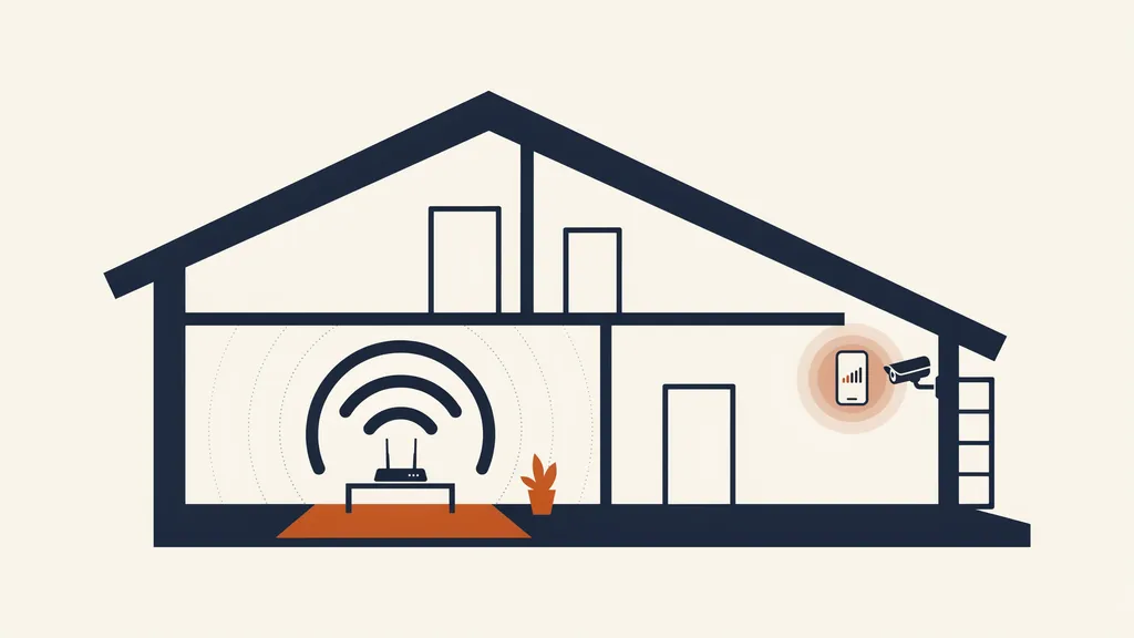 Illustration of a house cross-section showing a WiFi router with strong signal in the center and a security camera at a far corner being tested for weak signal with a phone