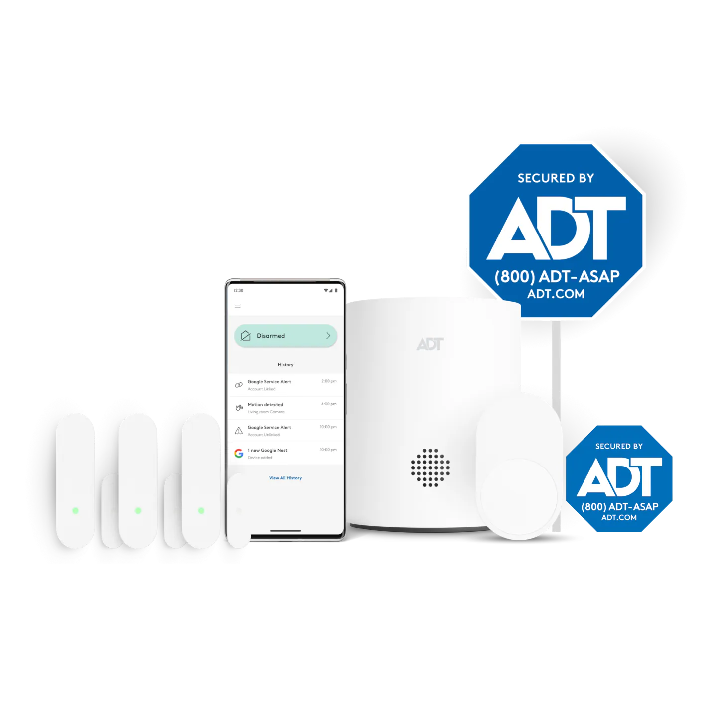 ADT professional Security Starter package with hub, motion sensor, door and window sensors, mobile app and yard signs