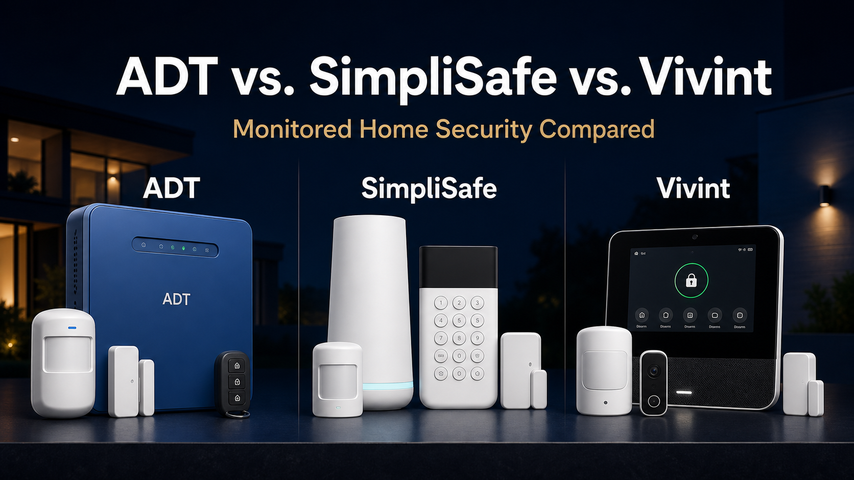 ADT, SimpliSafe, and Vivint home security systems shown side by side