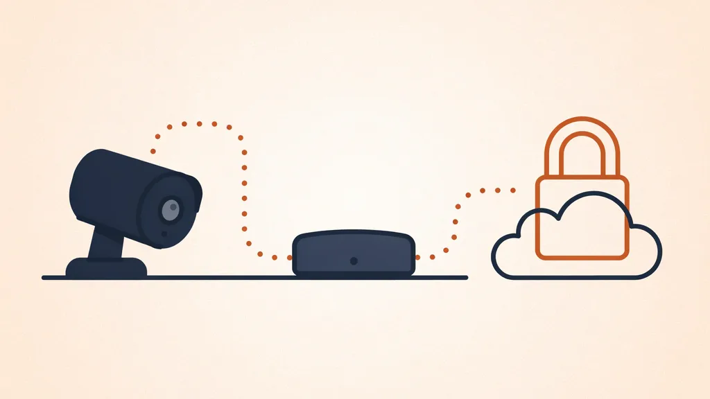 Diagram of a security camera sending footage to a home hub and on to an encrypted cloud behind a closed padlock, representing HomeKit Secure Video's architecture