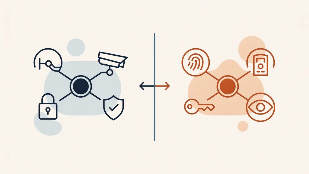 Illustration of two mirrored smart-home security device clusters either side of a divider, representing a choice between the Arlo and Ring ecosystems