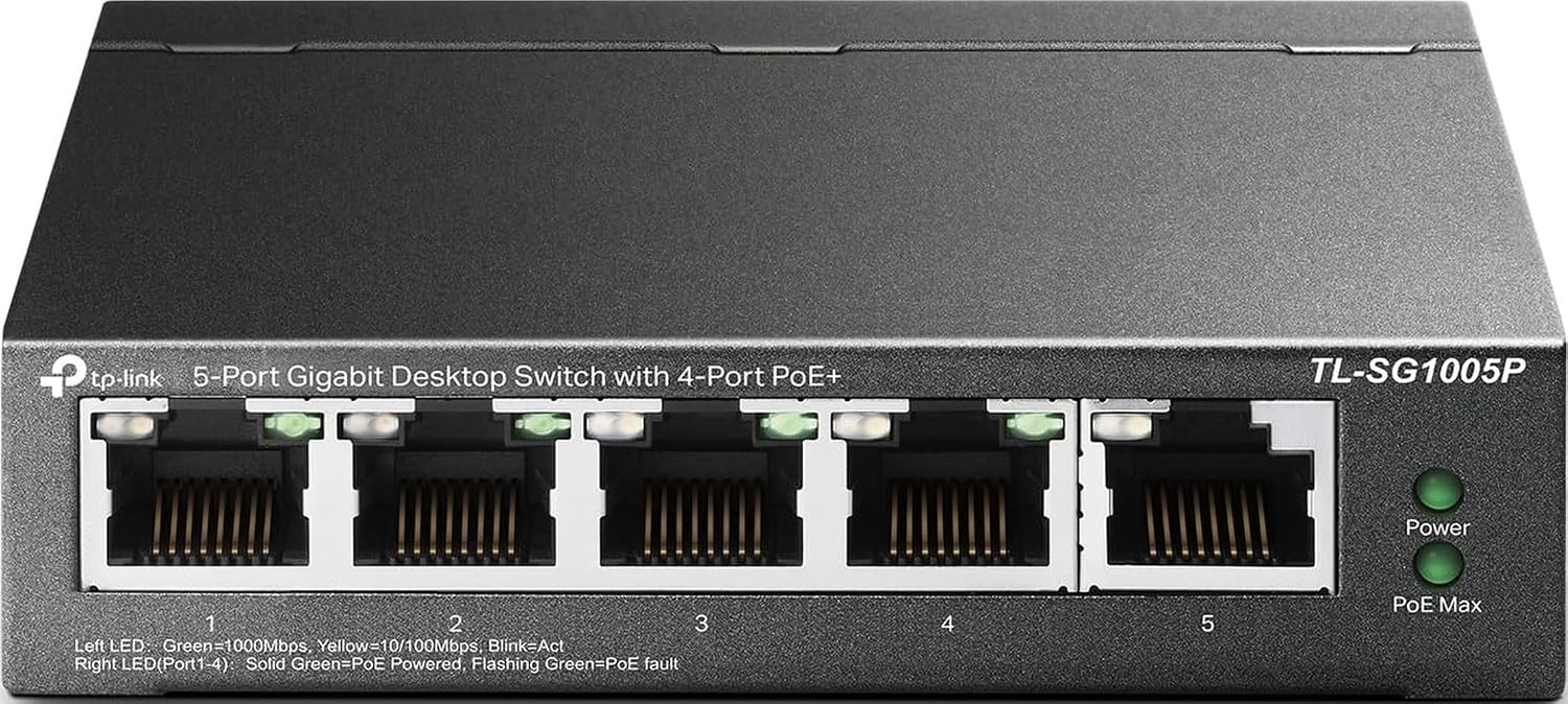 TP-Link TL-SG1005P five-port gigabit desktop PoE+ switch in a metal case