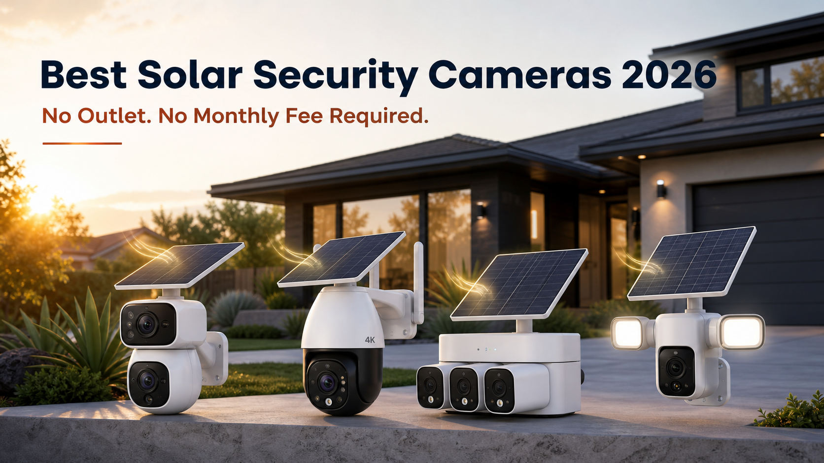 Four types of solar-powered outdoor security cameras arranged outside a modern home