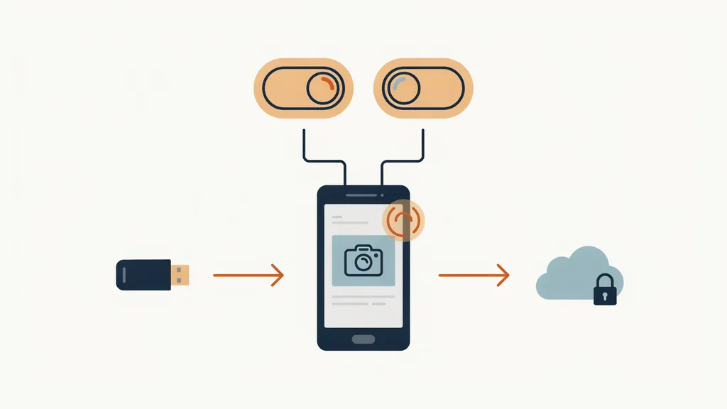 Illustration of the Blink Home Monitor app on a phone, with two toggle switches feeding into it and clips routing to either a USB drive or cloud storage
