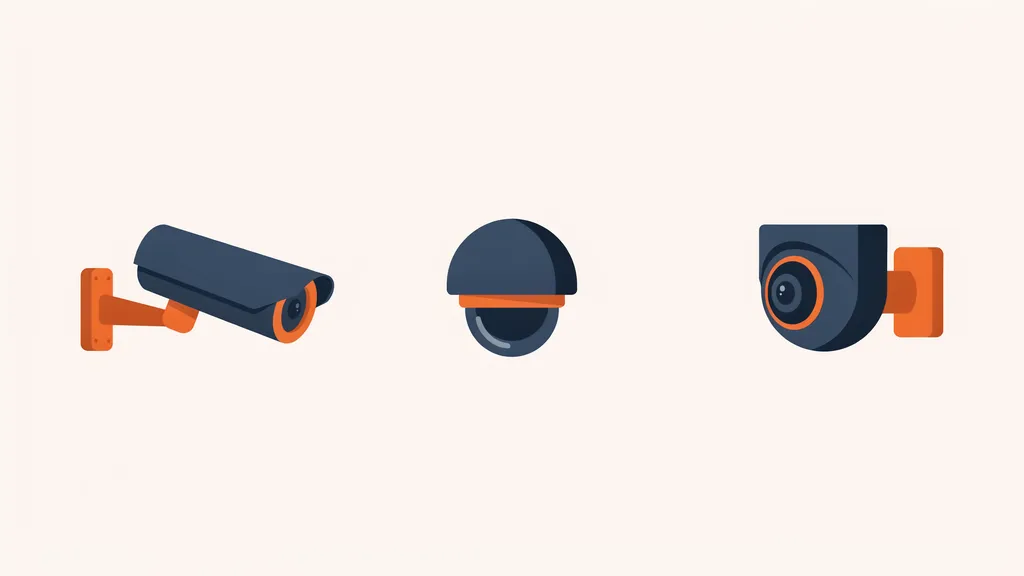 Illustration of three security camera shapes side by side: a bullet camera, a dome camera and a turret eyeball camera
