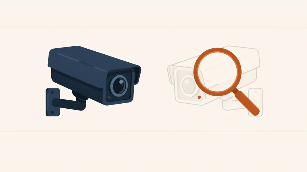 Illustration comparing a solid real security camera with a hollow dummy camera under a magnifying glass, representing how fake cameras are spotted