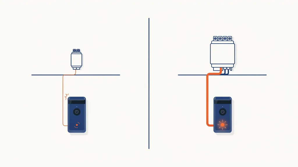 Illustration comparing an undersized doorbell transformer powering a dim video doorbell with a correctly sized transformer powering a fully lit one