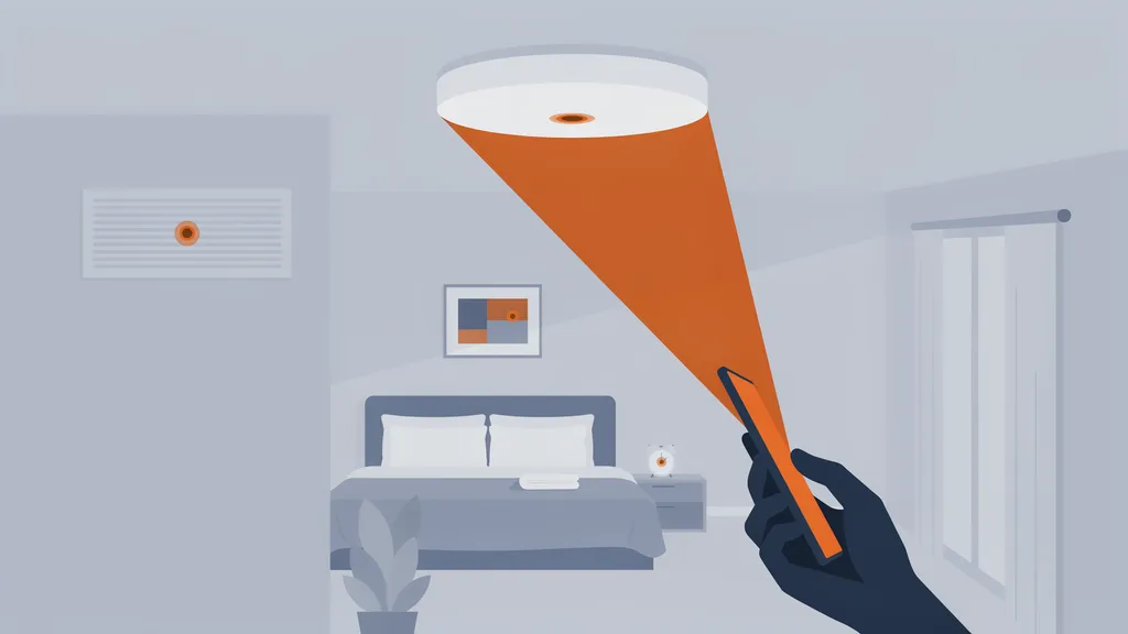 Illustration of a phone screen lighting a ceiling smoke detector and revealing a hidden camera lens, with other concealed lenses glowing faintly in a clock and a vent