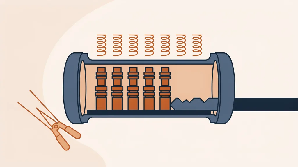 Cutaway illustration of a lock cylinder showing the pin stacks, springs and key blade with a pinning tool, representing rekeying a lock