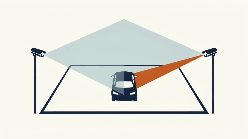 Diagram of a driveway with one camera casting a wide overview field of view and a second casting a narrow cone aimed at a car's plate, showing why one camera cannot do both