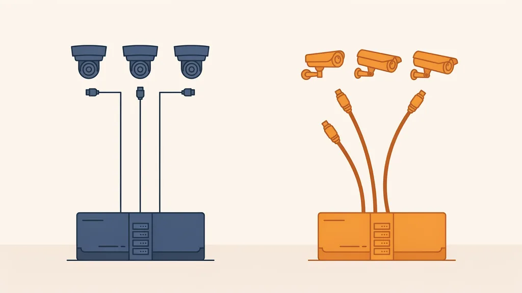Diagram comparing an NVR connected to dome cameras by thin Ethernet cables with a DVR connected to bullet cameras by thick coaxial cables