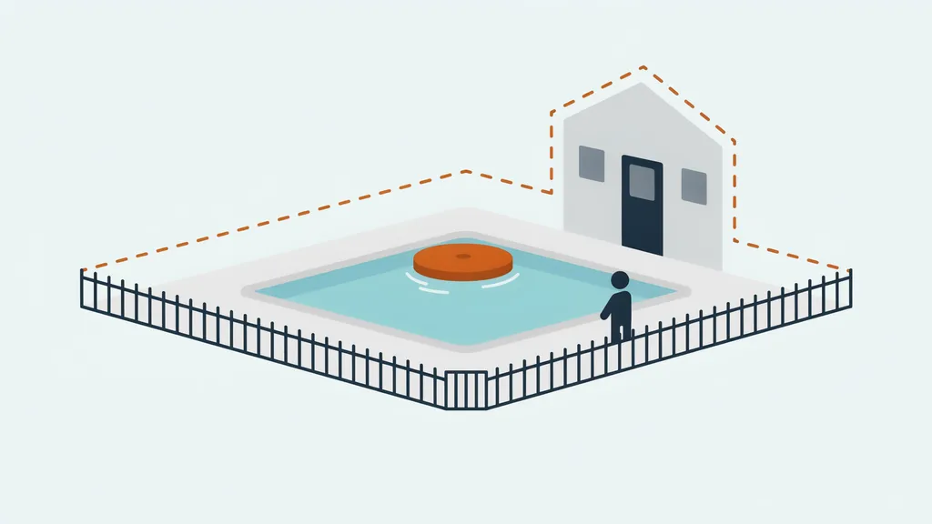 Illustration of a backyard pool ringed by three layers of protection: a floating alarm on the water, a self-closing fence around the pool, and a marked boundary at the house door