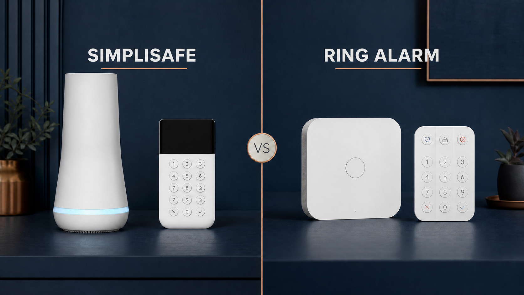 SimpliSafe and Ring Alarm home security systems shown side by side