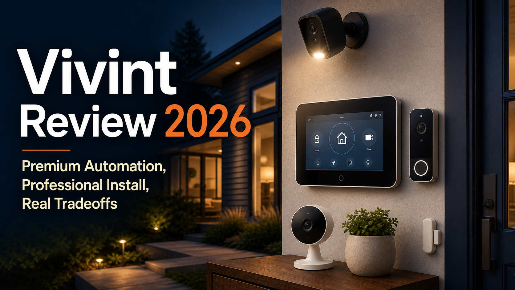 Vivint Review 2026 with an integrated touchscreen hub, cameras, doorbell and entry sensor at a modern home