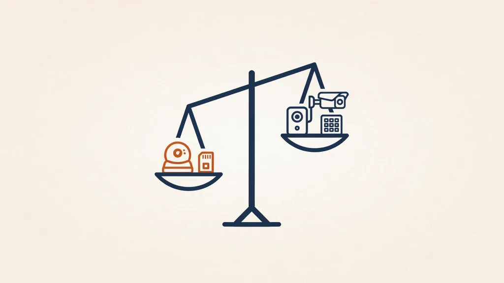 Illustration of a balance scale weighing a single budget camera and memory card against a larger connected security ecosystem