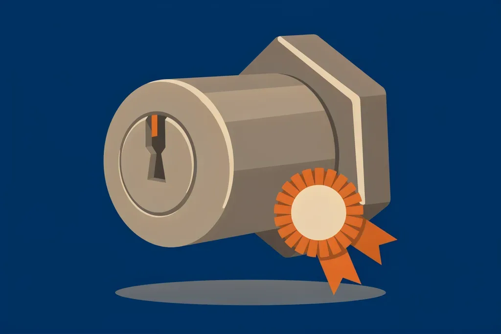 Illustration of a deadbolt lock cylinder with an award rosette, representing lock grading