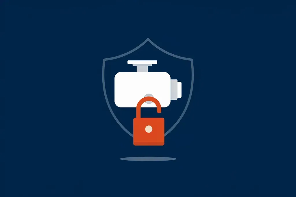 Illustration of a security camera behind a shield with an open padlock in front of it