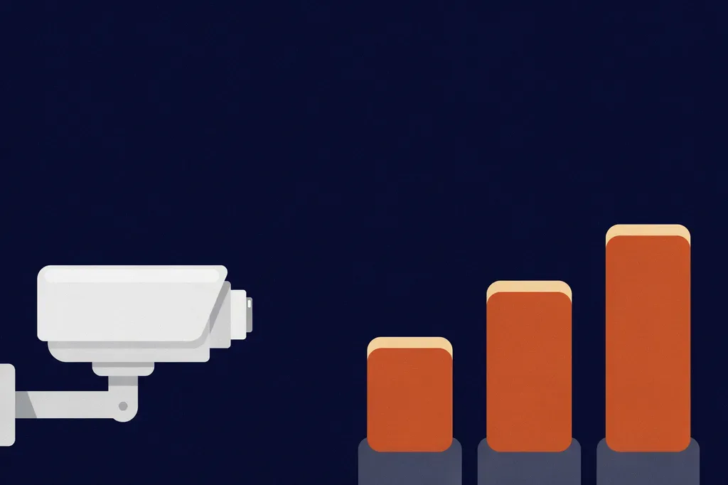 Illustration of a security camera beside three ascending pillars representing subscription tiers