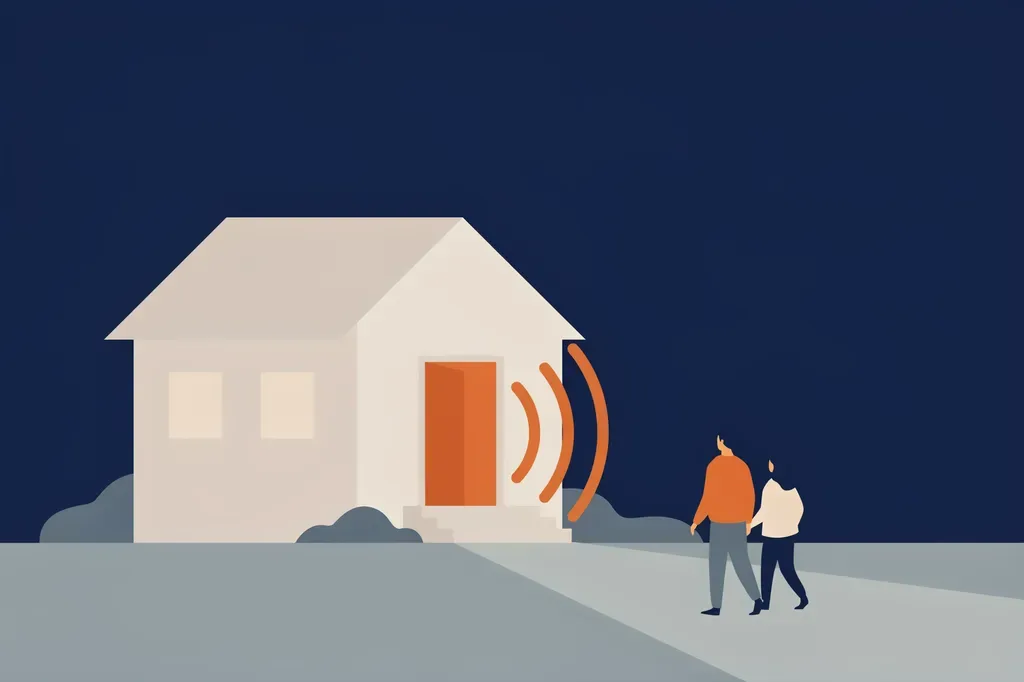 Illustration of people leaving a house through the open front door at night while an alarm sounds behind them