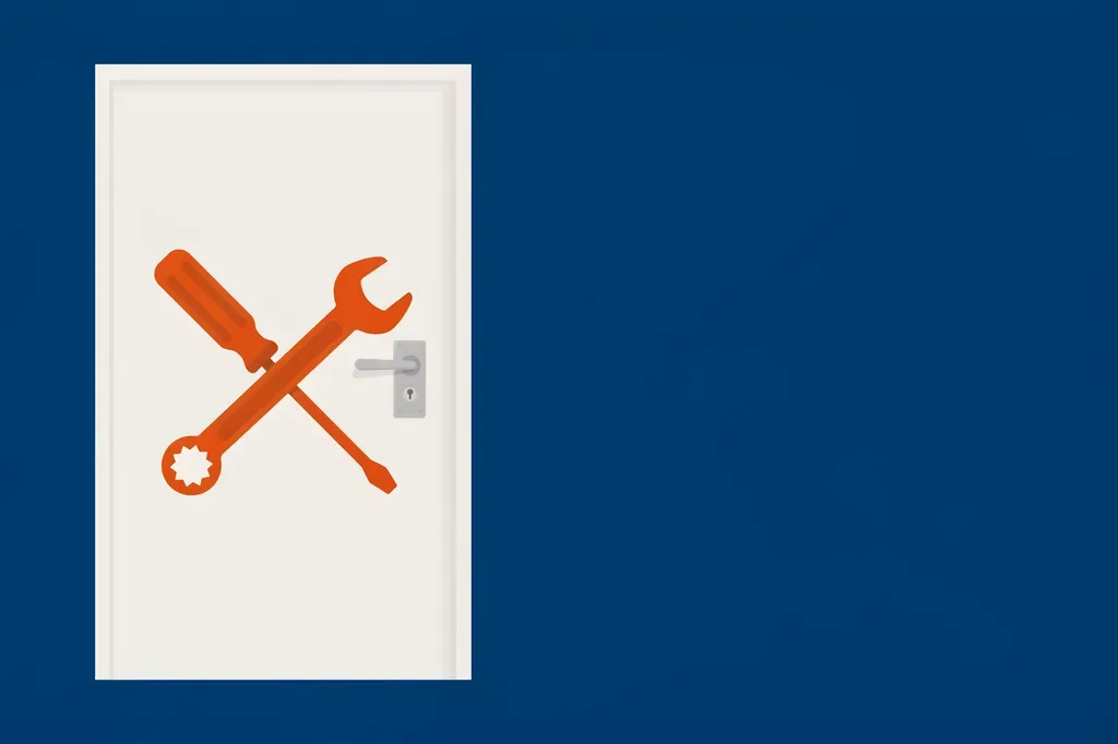 Illustration of a door lock with a screwdriver and wrench crossed over it