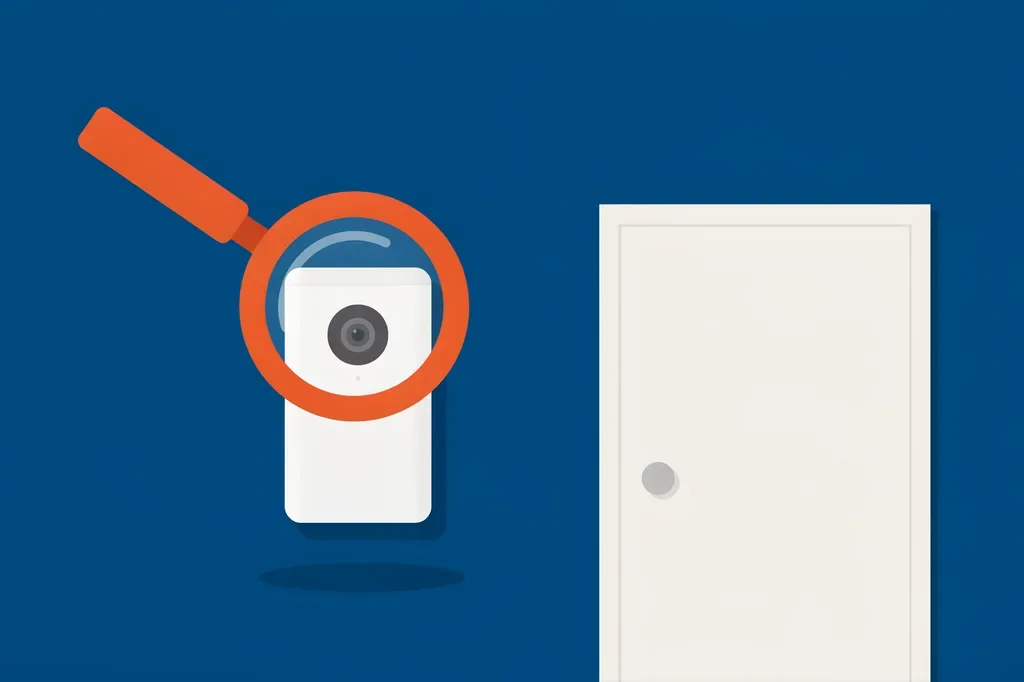 Illustration of a video doorbell being inspected through a magnifying glass