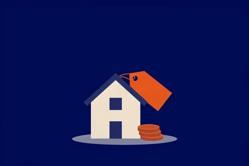 Illustration of a house with a price tag and a stack of coins, representing home security system cost