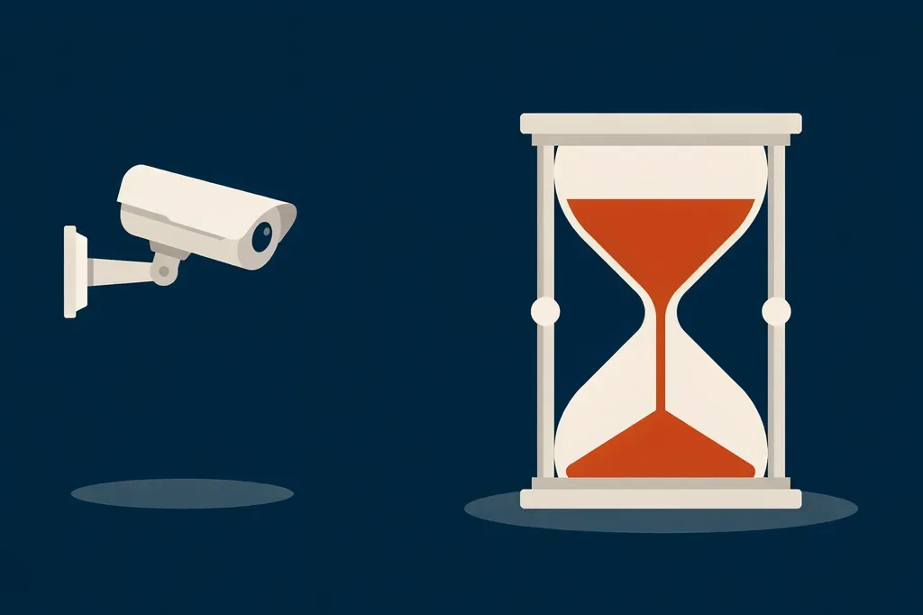 Illustration of a security camera beside an hourglass, representing how long recorded footage is kept