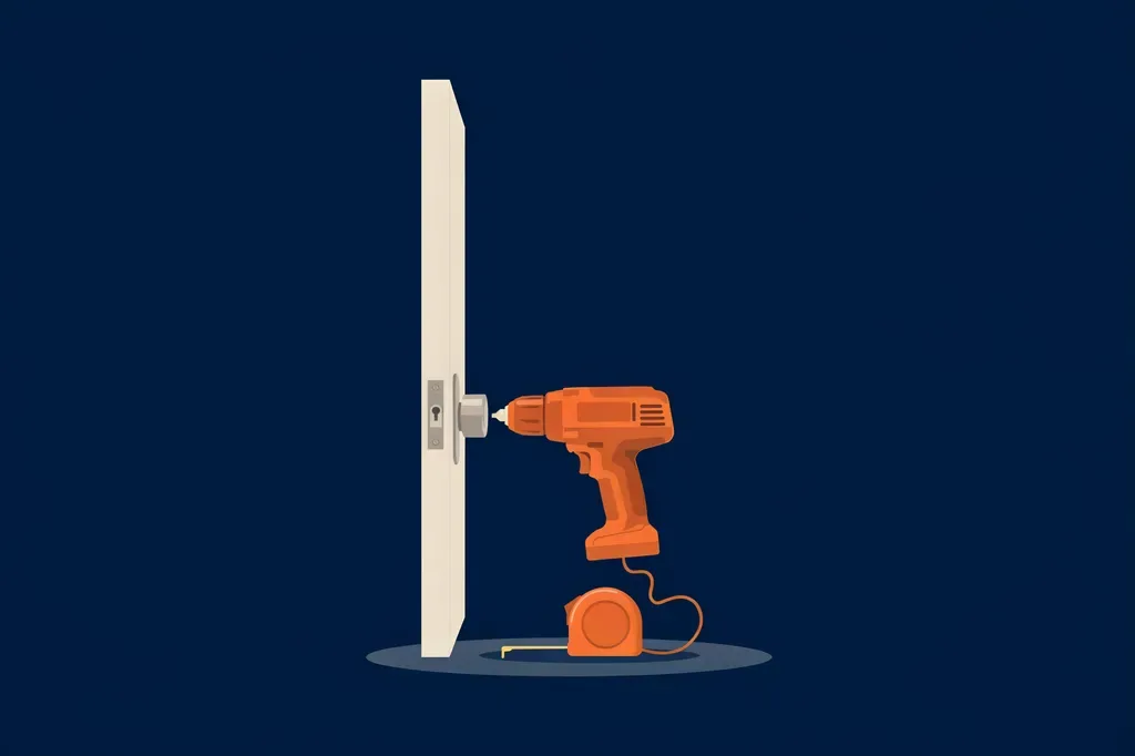 Illustration of a deadbolt being installed into a door with a drill and a tape measure