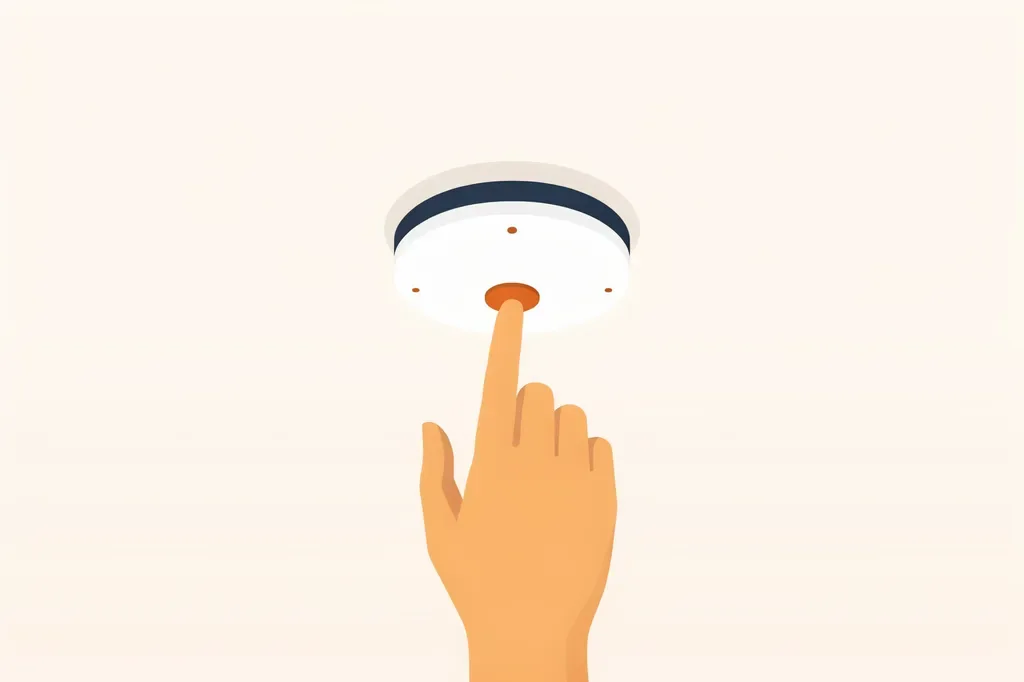 Illustration of a hand pressing the button on a ceiling-mounted smoke alarm