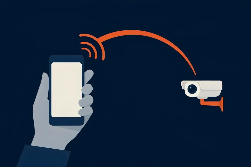 Illustration of a phone connecting wirelessly to a security camera during setup