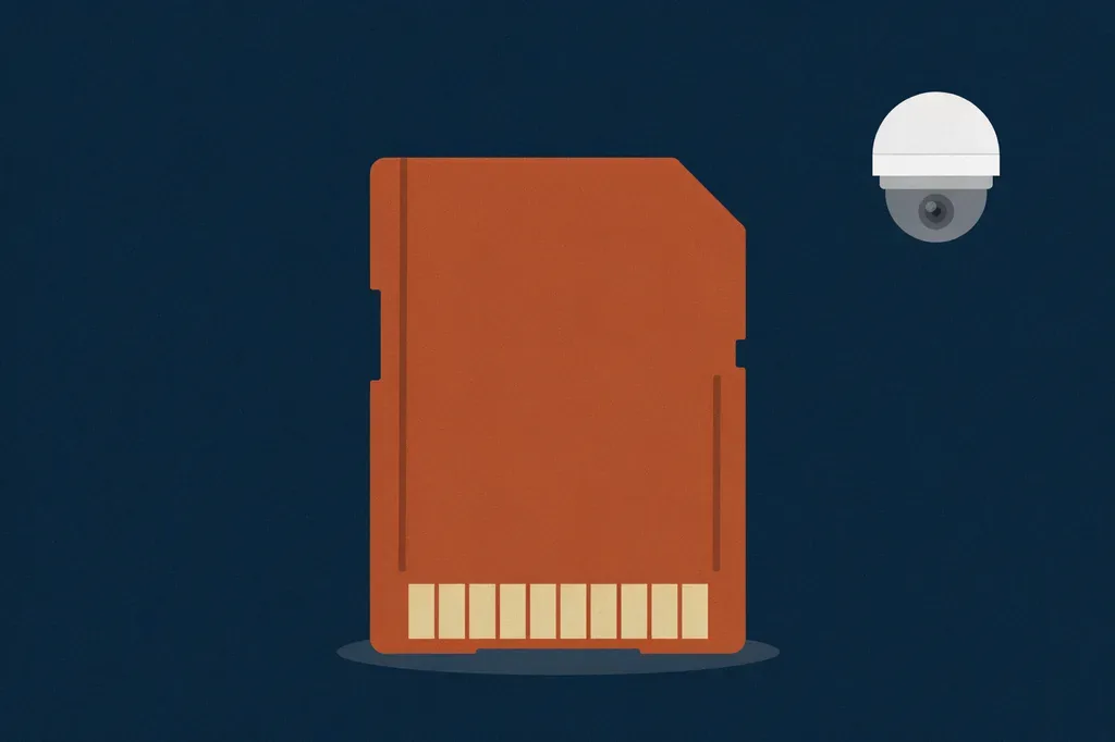 Illustration of a microSD memory card in front of a security camera