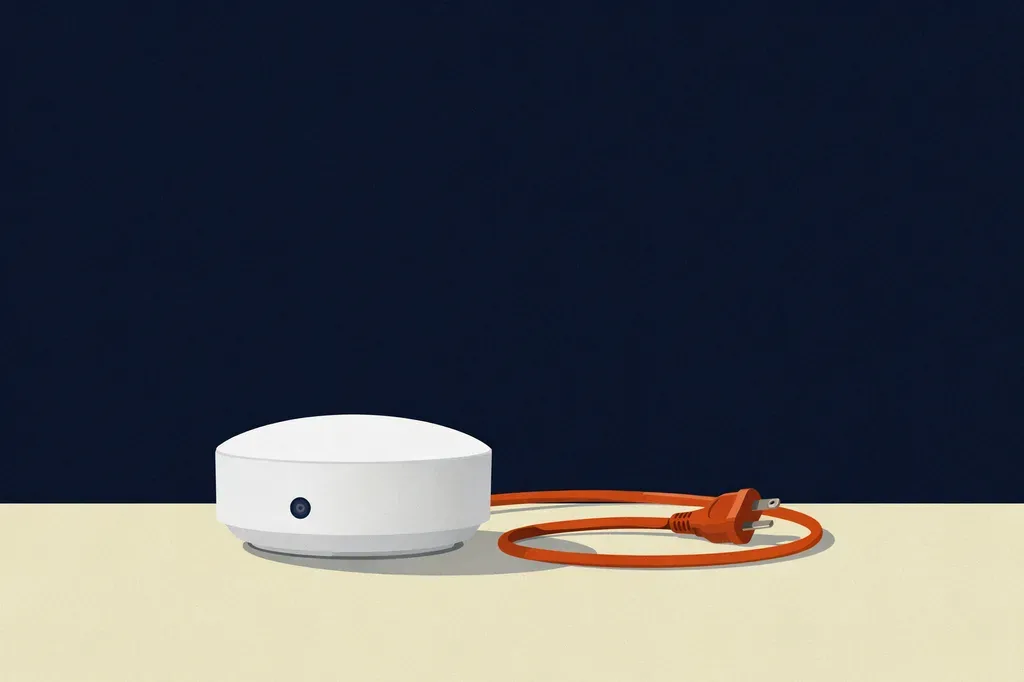 Illustration of a home alarm hub sitting switched off with its power cable unplugged
