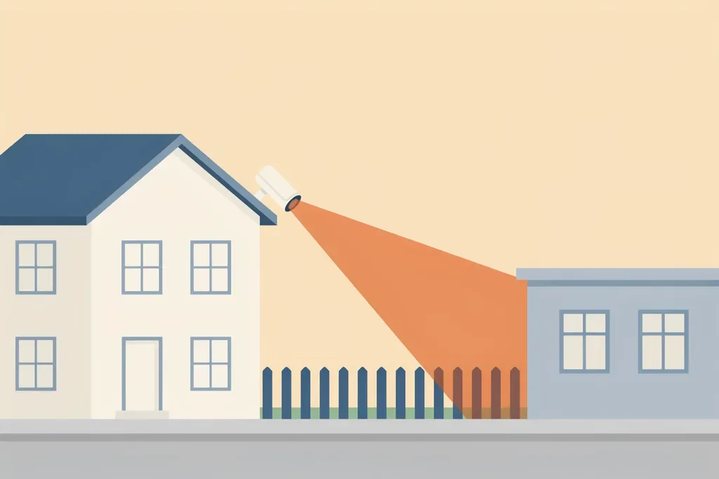Illustration of a home security camera's field of view covering its own yard and stopping at the property fence, with the neighbouring house outside it