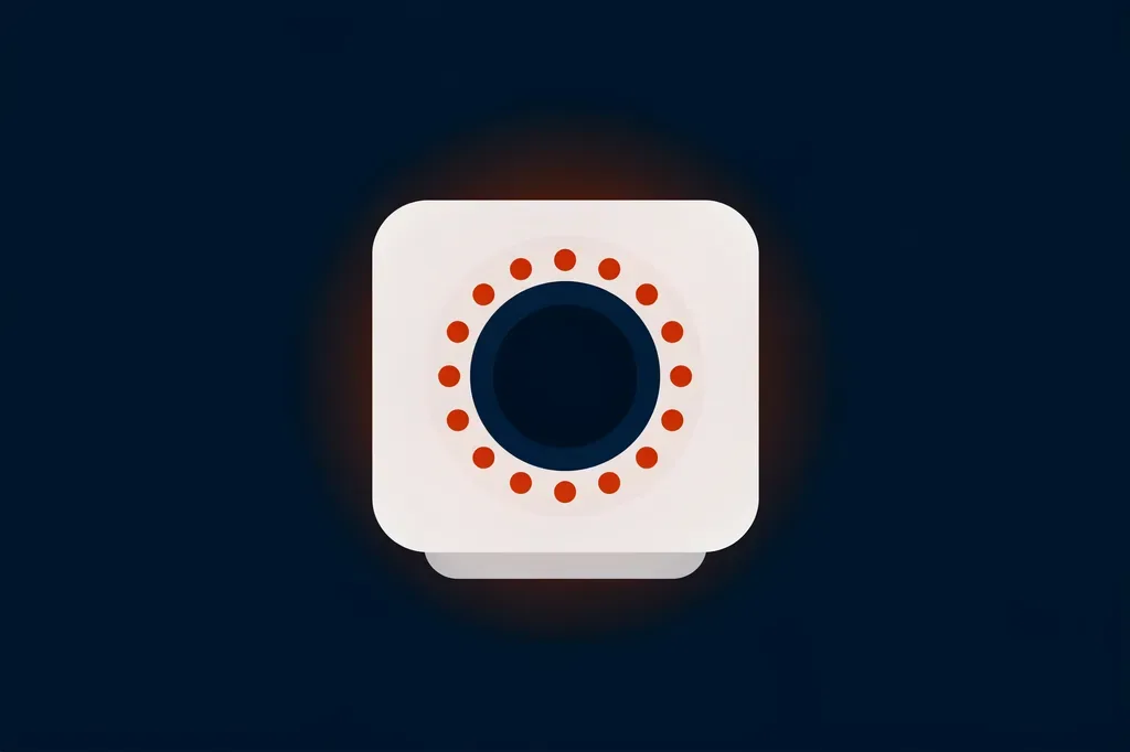 Close-up illustration of a security camera lens ringed with glowing infrared LEDs at night