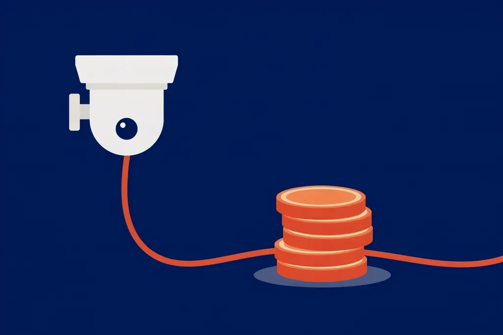 Illustration of a security camera with its power cable coiled around a stack of coins, representing ongoing running costs