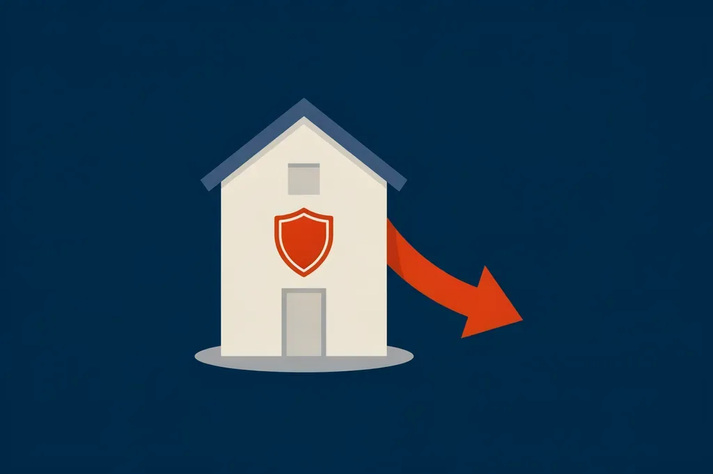 Illustration of a house with a security shield and a downward arrow representing a lower insurance premium