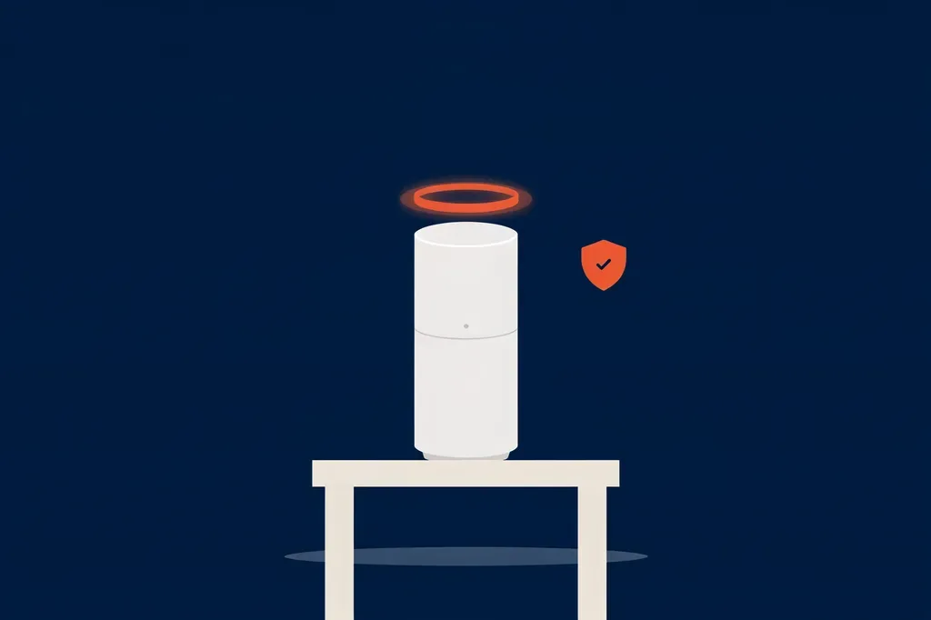 Illustration of a home alarm base station on a side table with a signal ring and a security shield