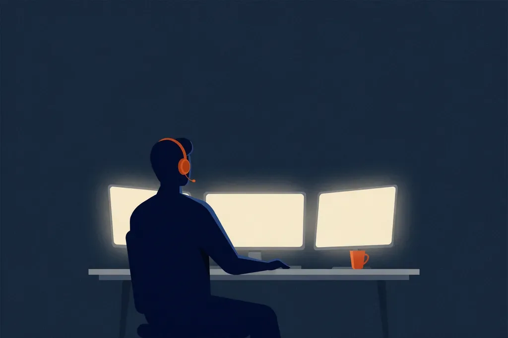 Illustration of an alarm monitoring centre operator wearing a headset at a desk of screens