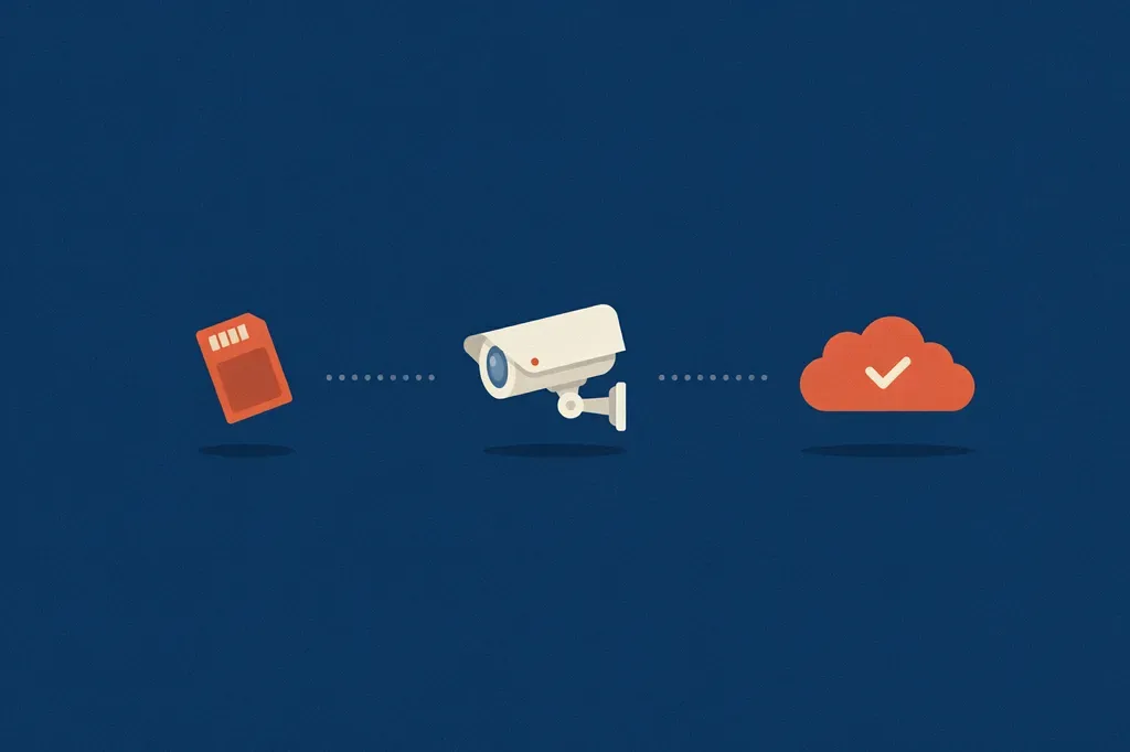Illustration of a security camera between a memory card and a cloud, representing where footage can be stored
