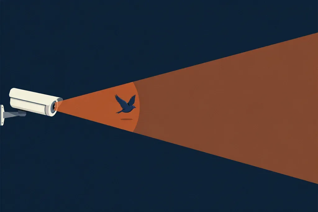 Illustration of a bird flying through a security camera's motion detection cone