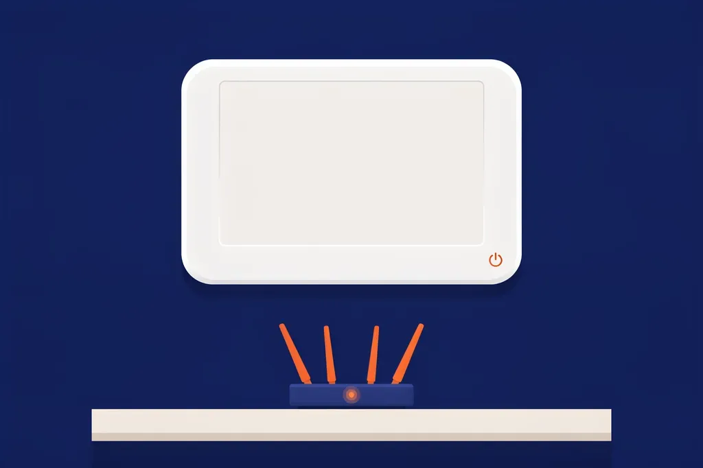 Illustration of a home security touchscreen panel mounted above an internet router
